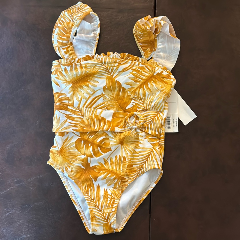 Janie and Jack Yellow and White Tropical Leaf One-Piece Swimsuit